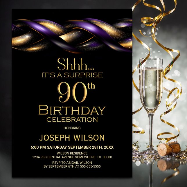 Black Purple Gold Surprise 90th Birthday Party Invitation (Creator Uploaded)