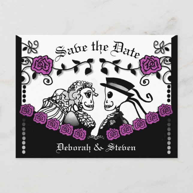 Black & Purple Gothic Skeletons Roses Save Date Announcement Postcard (Front)
