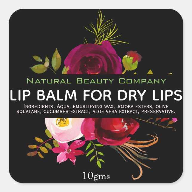 Black Purple Green Flowers Lip Balm Labels (Front)