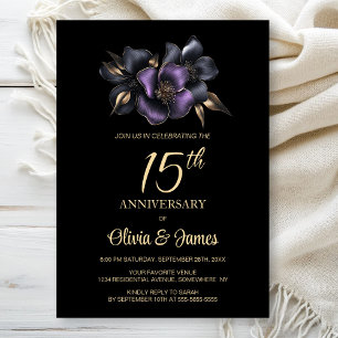 Black Purple Grey Floral 15th Anniversary Invitation