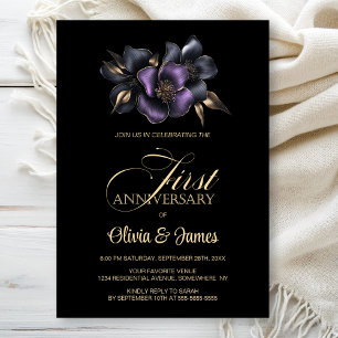 Black Purple Grey Floral 1st Wedding Anniversary Invitation