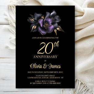 Black Purple Grey Floral 20th Anniversary Invitation