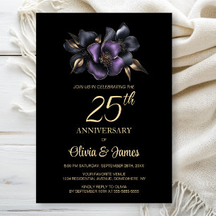 Black Purple Grey Floral 25th Anniversary Invitation