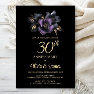 Black Purple Grey Floral 30th Anniversary Invitation