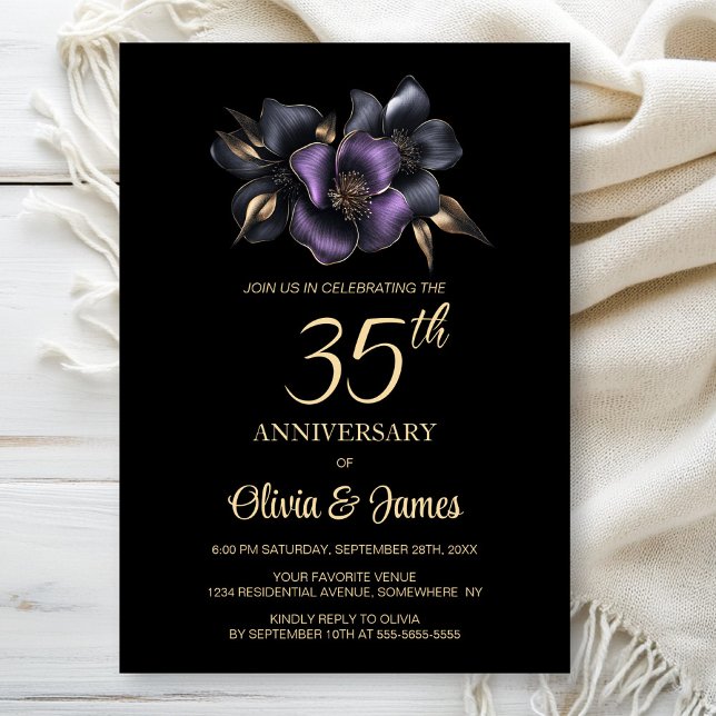 Black Purple Grey Floral 35th Anniversary Invitation (Creator Uploaded)