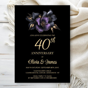 Black Purple Grey Floral 40th Anniversary Invitation