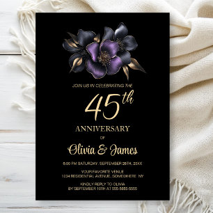 Black Purple Grey Floral 45th Anniversary Invitation
