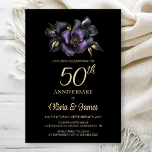 Black Purple Grey Floral 50th Anniversary Invitation