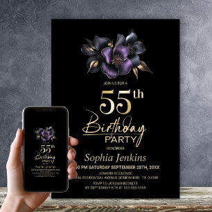 Black Purple Grey Floral 55th Birthday Party Invitation