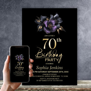 Black Purple Grey Floral 70th Birthday Party Invitation
