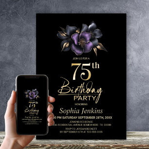 Black Purple Grey Floral 75th Birthday Party Invitation