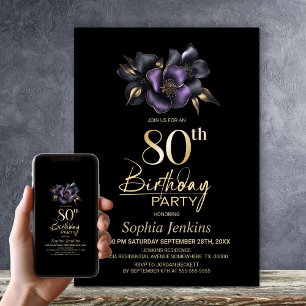Black Purple Grey Floral 80th Birthday Party Invitation