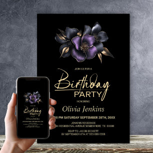 Black Purple Grey Floral Any Age Birthday Party Invitation