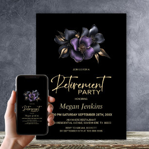 Black Purple Grey Floral Retirement Party Invitation