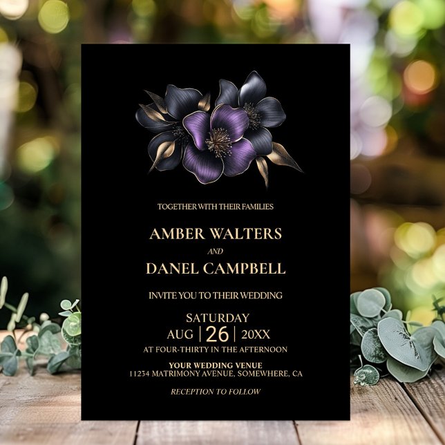 Black Purple Grey Floral Wedding Invitation (Creator Uploaded)
