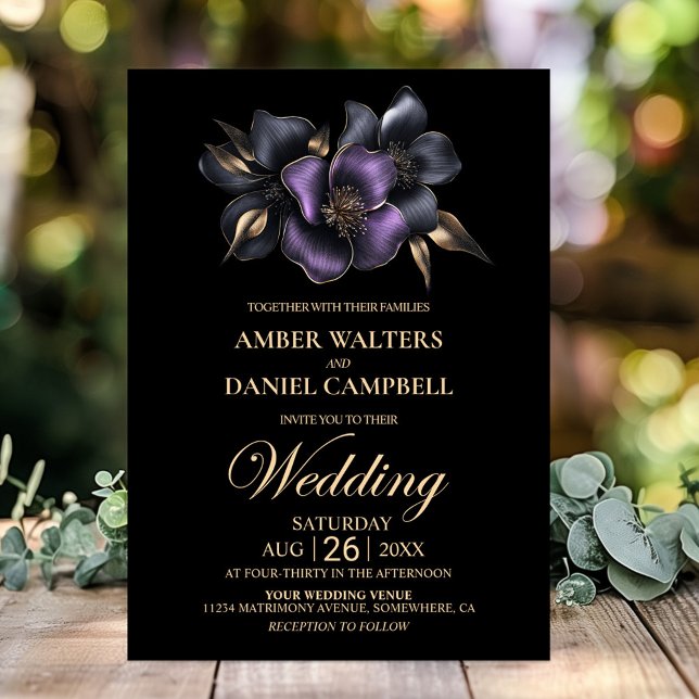Black Purple Grey Floral Wedding Invitation (Creator Uploaded)