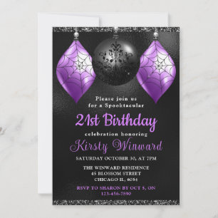 Black & Purple Halloween Ornaments 21st Birthday Invitation
