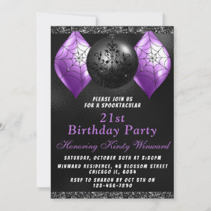 Black Purple Halloween Ornaments Birthday Party Invitation