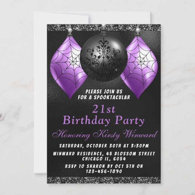Black Purple Halloween Ornaments Birthday Party Invitation (Front)