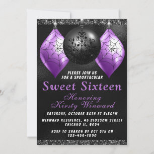 Black Purple Halloween Ornaments Sweet 16 Invitation