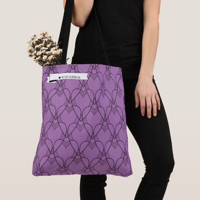 Black & Purple Heart Pattern Colouring Go-Bag Tote Bag (Close Up)