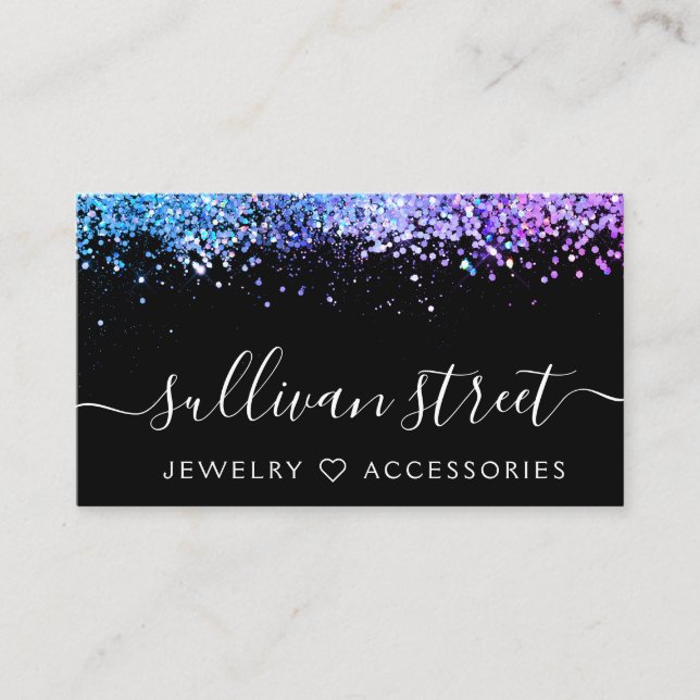 Black Purple Holographic Glitter Jewellery Boutiqu Business Card (Front)