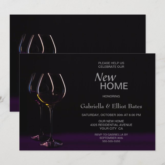 Black Purple Housewarming Wine Glass Party Invitation (Front/Back)