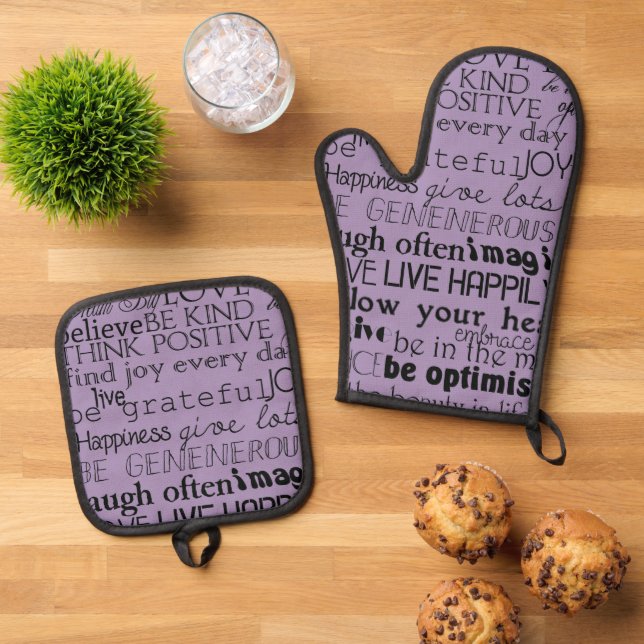 Black Purple Inspirational Words Oven Mitt & Pot Holder Set (Top Down)