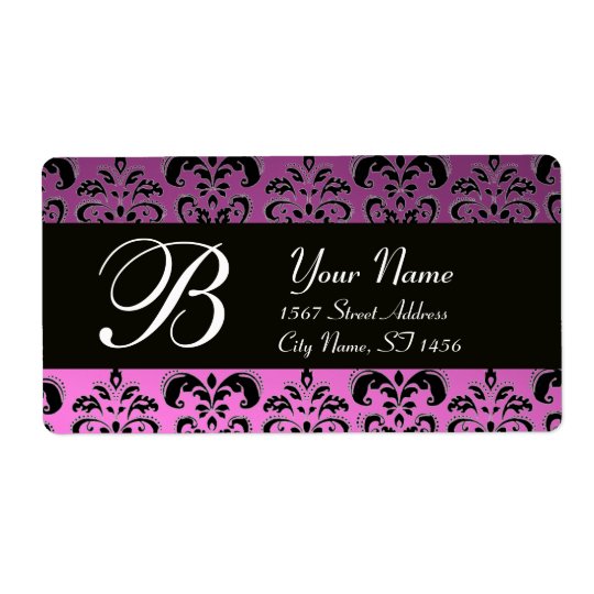 BLACK PURPLE LILAC DAMASK MONOGRAM SHIPPING LABEL