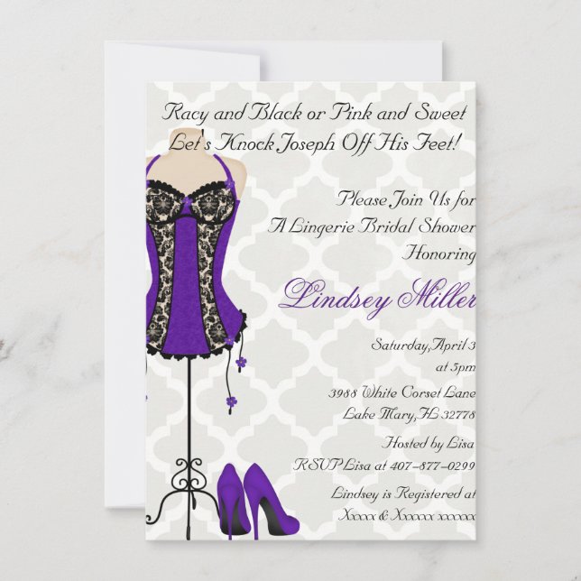Black & Purple Lingerie Bridal Shower Invitation (Front)