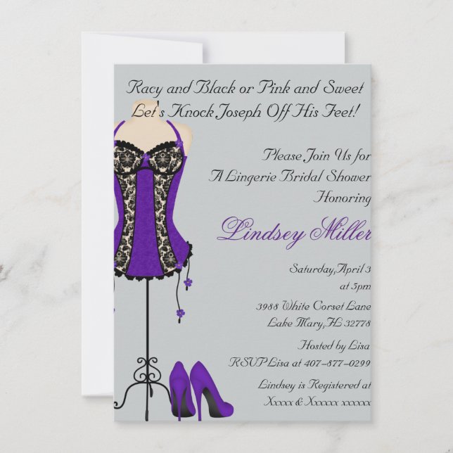 Black & Purple Lingerie Bridal Shower Invitation (Front)