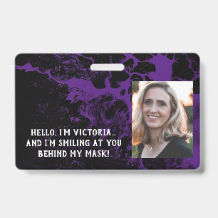 Black & Purple Marble Hello Behind the Mask ID Badge