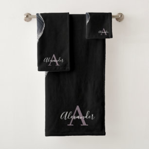 Black Purple Modern Elegant Monogram Bath Towel Set