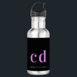 Black purple monogram name modern 532 ml water bottle<br><div class="desc">A classic black background. Pink purple coloured text. Personalise and add your monogram initials and your name.</div>
