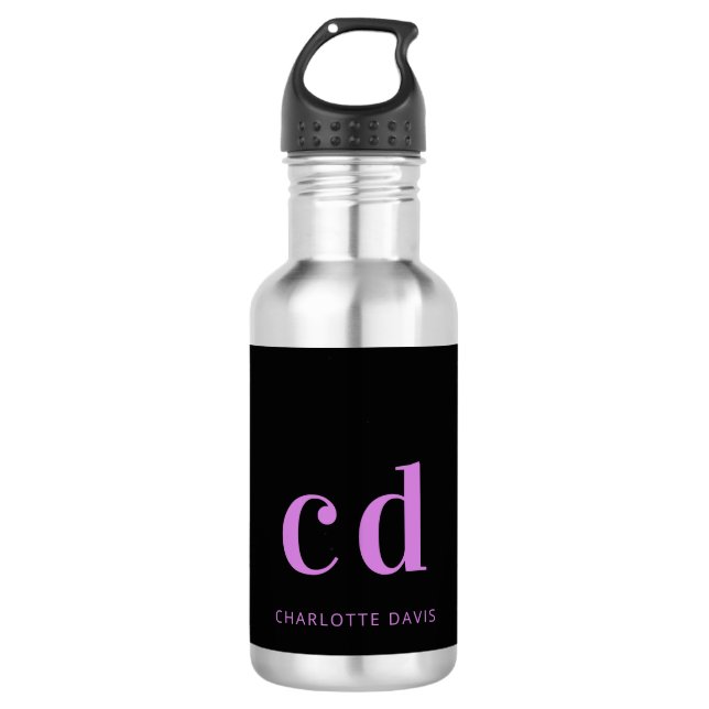 Black purple monogram name modern 532 ml water bottle (Front)