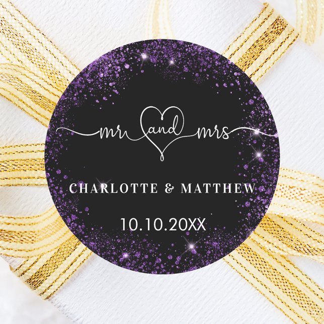 Black purple mr mrs heart wedding classic round sticker (Creator Uploaded)
