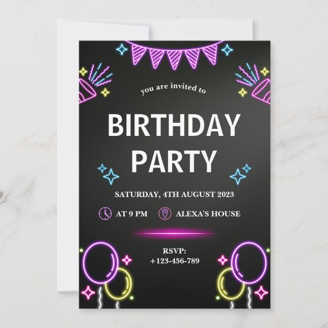 Black Purple Neon Modern Birthday Party Invitation (Front)