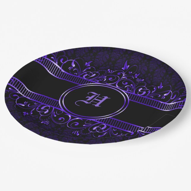 Black & Purple Ornate Gothic Monogrammed  Paper Plate (Angled)