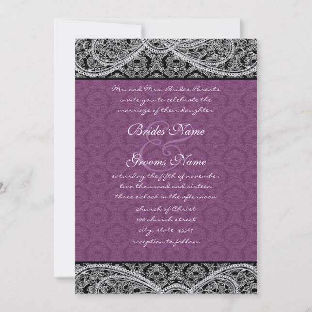Black Purple Paisley Damask Wedding Invitation (Front)