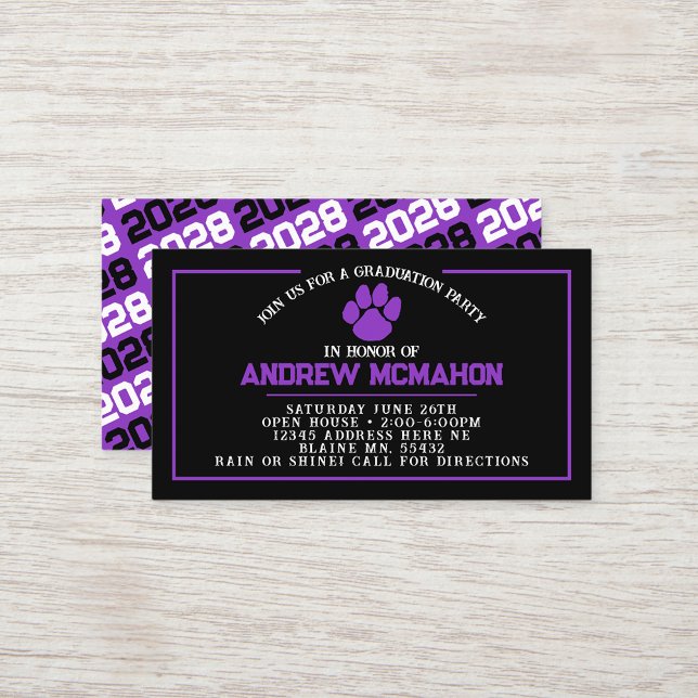 Black & Purple Pawprint Mini Graduation Invites (Black and Purple Pawprint Mini Graduation Invites for Friends, Team Mates or as Inserts!)