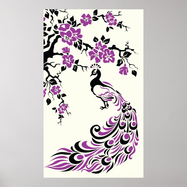 Black purple peacock and cherry blossoms poster (Front)