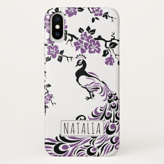 Black purple peacock & cherry blossoms art nouveau Case-Mate iPhone case (Back)
