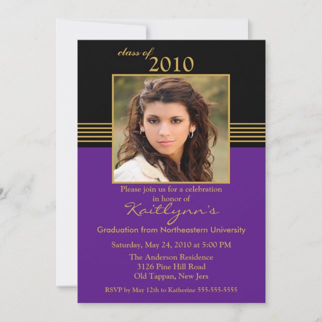 Black & Purple Photo Graduation Invitation (Front)