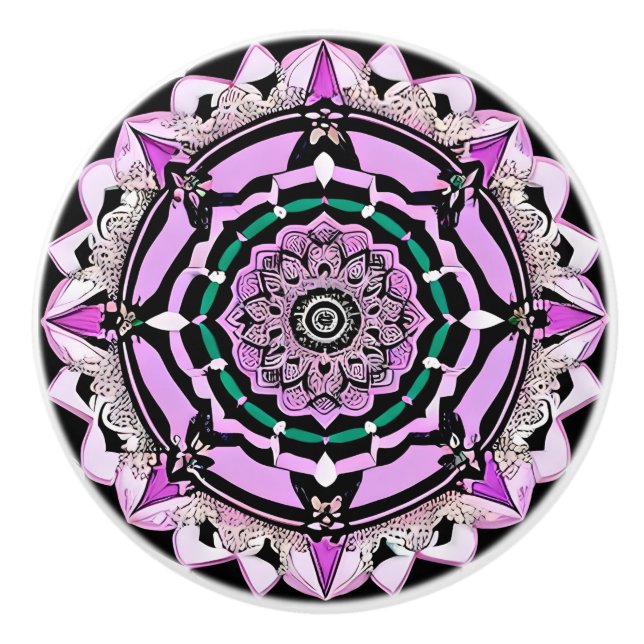 Black, Purple, Pink and Teal Mandala Ceramic Knob (Front)