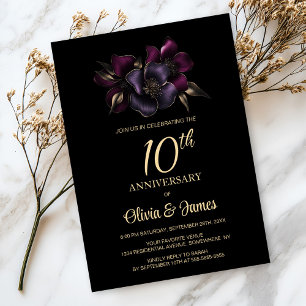 Black Purple Pink Floral 10th Anniversary Invitation