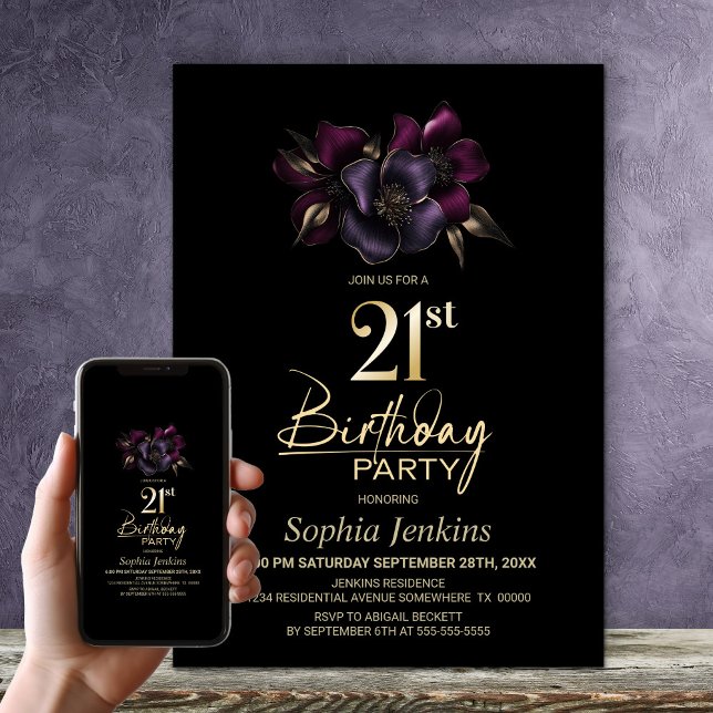 Black Purple Pink Floral 21st Birthday Party Invitation (Creator Uploaded)