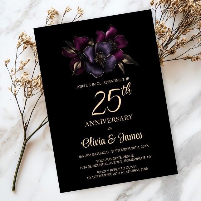 Black Purple Pink Floral 25th Anniversary Invitation (Creator Uploaded)