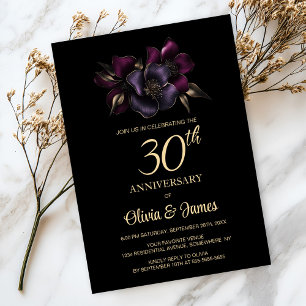 Black Purple Pink Floral 30th Anniversary Invitation