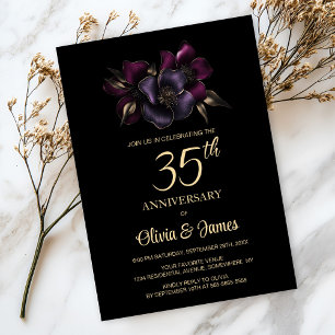 Black Purple Pink Floral 35th Anniversary Invitation