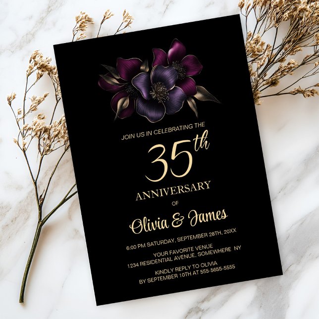 Black Purple Pink Floral 35th Anniversary Invitation (Creator Uploaded)